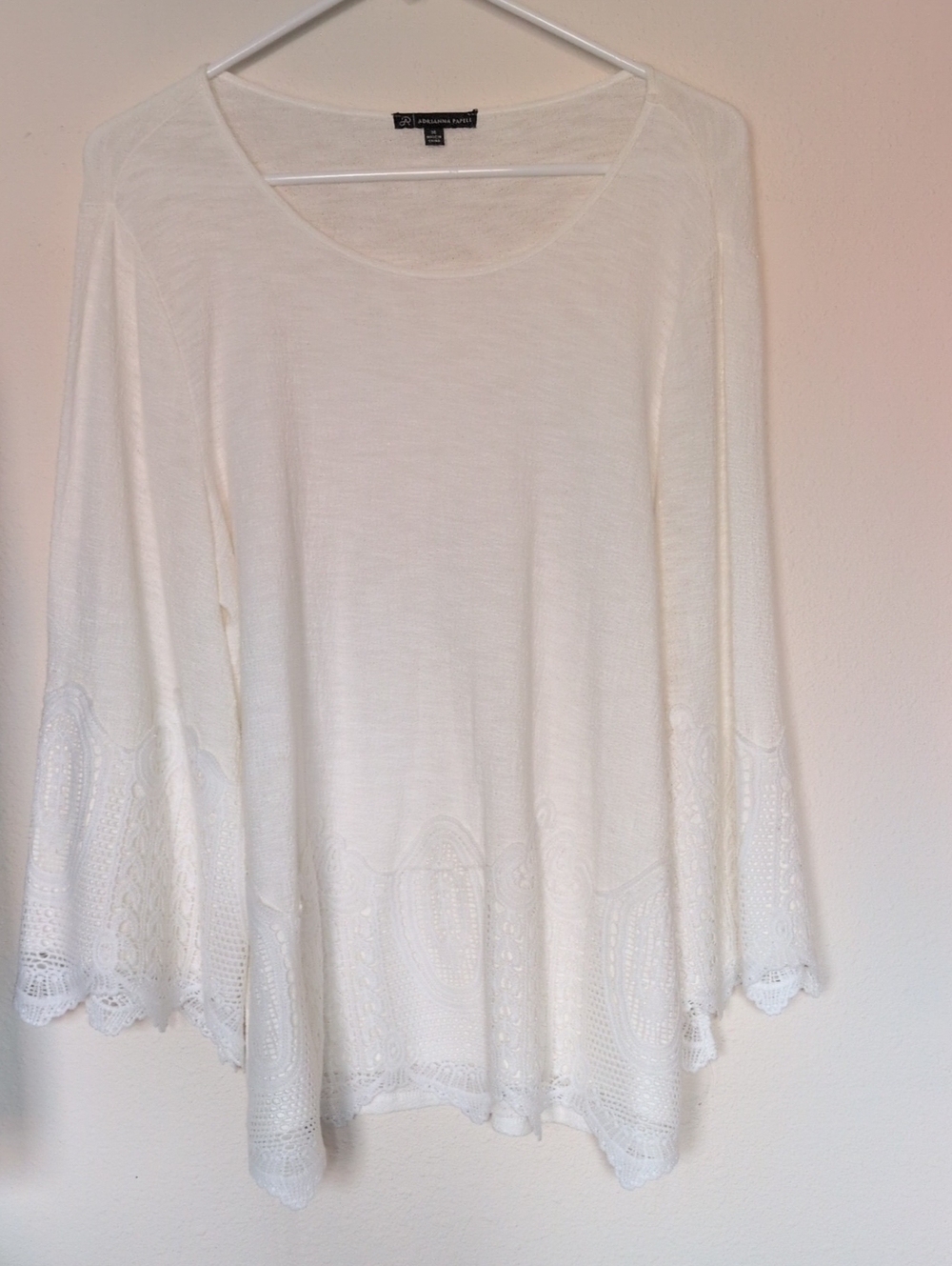 Andrianna Papell White Crochet-Hem Bell Sleeve Top Size Medium